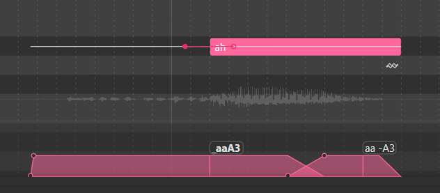 a phoneme edited to have vocal fry (underscore) on a vowel in the a3 pitch. the edited phoneme is in bold in the phoneme view